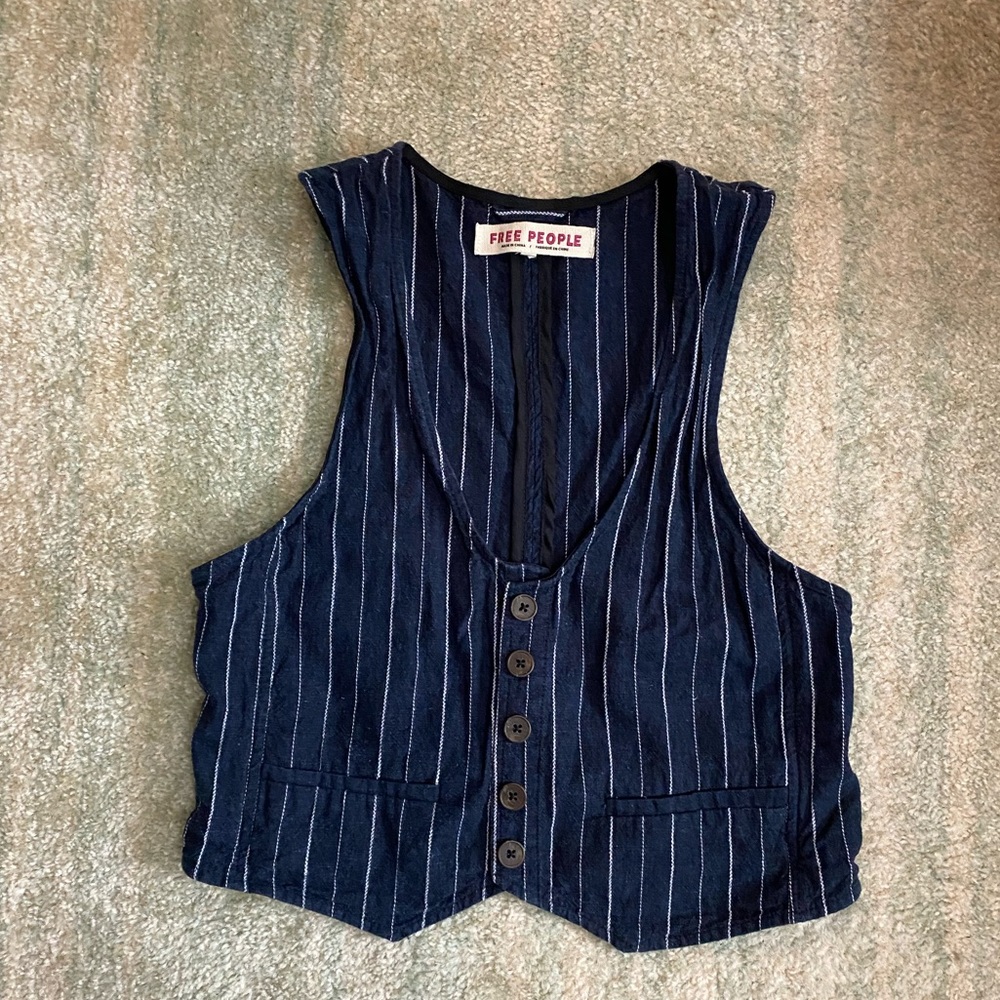 Free people vintage navy blue me white stripe vest